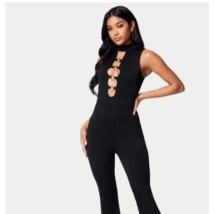 Bebe Black Sleeveless Jumpsuit with High Neckline & Ring Detail Sz XXS